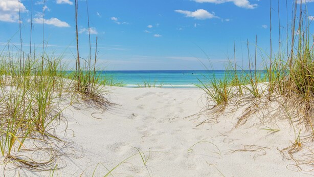 En strand med vit sand och högt gräs i förgrunden, som leder fram till ett klart, blått hav under en delvis molnig himmel.