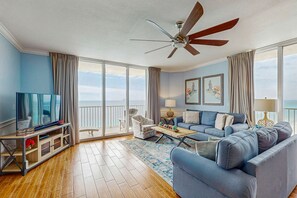 TV, offices - Exquisite gulf-front corner condo w/ beach service, hot tubs & pools (Panama City Beach)
