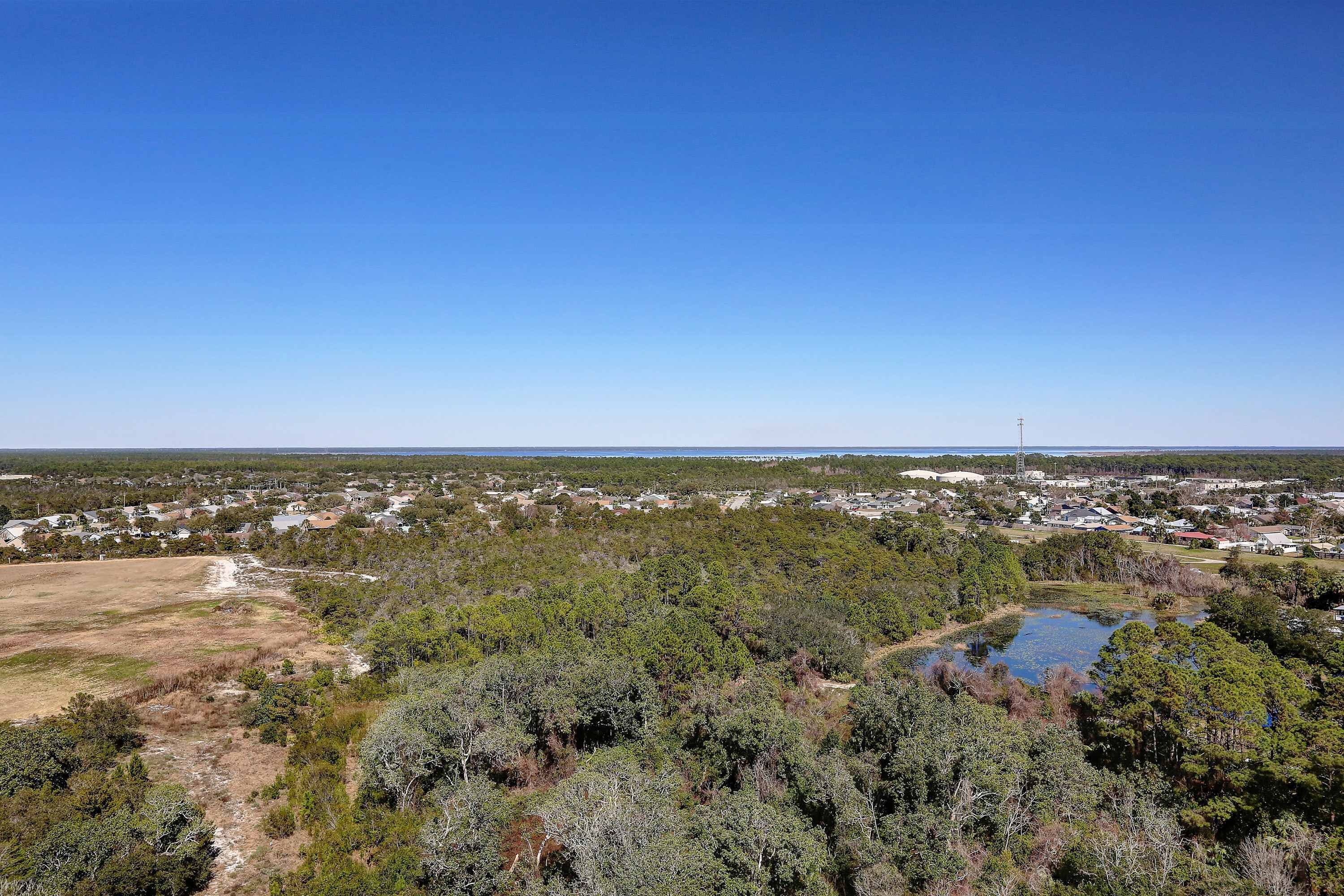 A rural landscape with a small pond, dense trees, and a distant residential area.