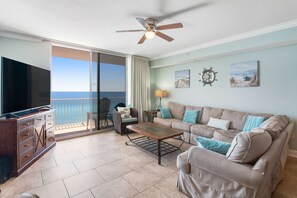 TV, offices - Beachfront getaway with Gulf view, pool, hot tub, central AC & washer/dryer (Panama City Beach)