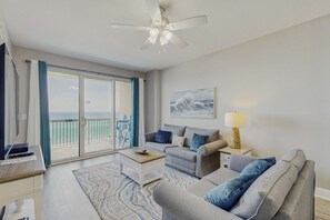 TV, DVD player, offices - Water-view beachfront condo with pool - steps to the beach (Panama City Beach)
