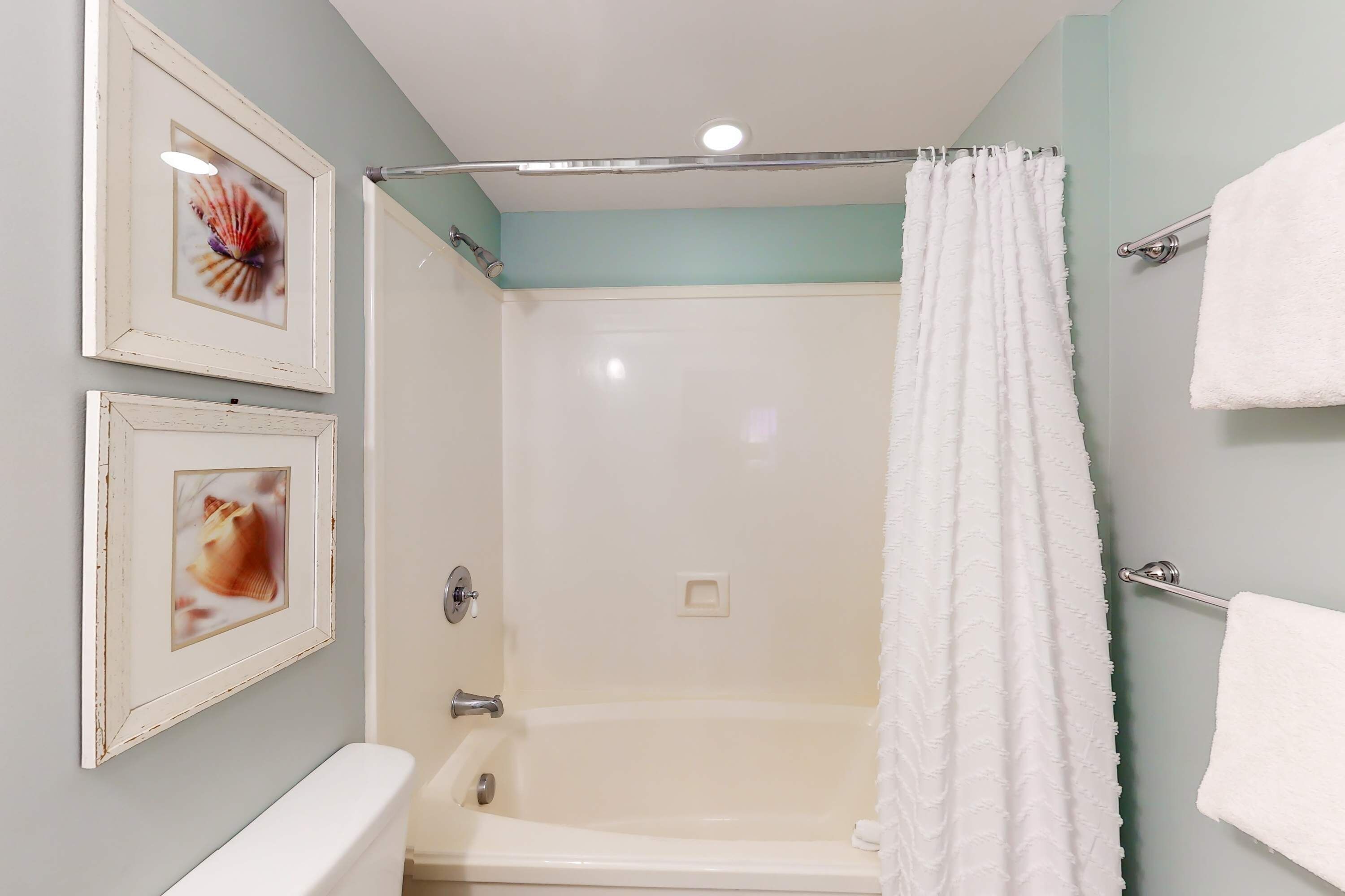 Un bagno con una vasca, una tenda da doccia e due quadri appesi al muro.