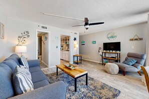 TV, offices - Gulf-view condo with pools, beach access, gym, grills, & updated interior (Panama City Beach)