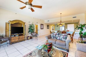 TV, DVD player, offices - Gulf-front Condo w/ Shared Pool & Hot Tub, Ocean Views, WiFi, and Washer/Dryer (Panama City Beach)