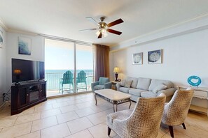 TV, offices - Oceanfront Condo with Shared Pool & Hot Tub, Ocean View, and High-Speed WiFi (Panama City Beach)