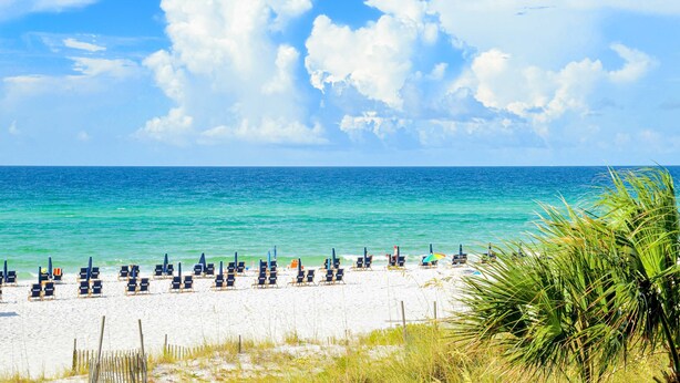 Ein Strand mit Reihen von Liegestühlen und Sonnenschirmen, einem klaren blauen Himmel und dem Ozean.