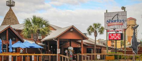 A beachfront restaurant with a prominent shark statue, a wooden building with a conical roof, and a sign advertising live action and daily operations.