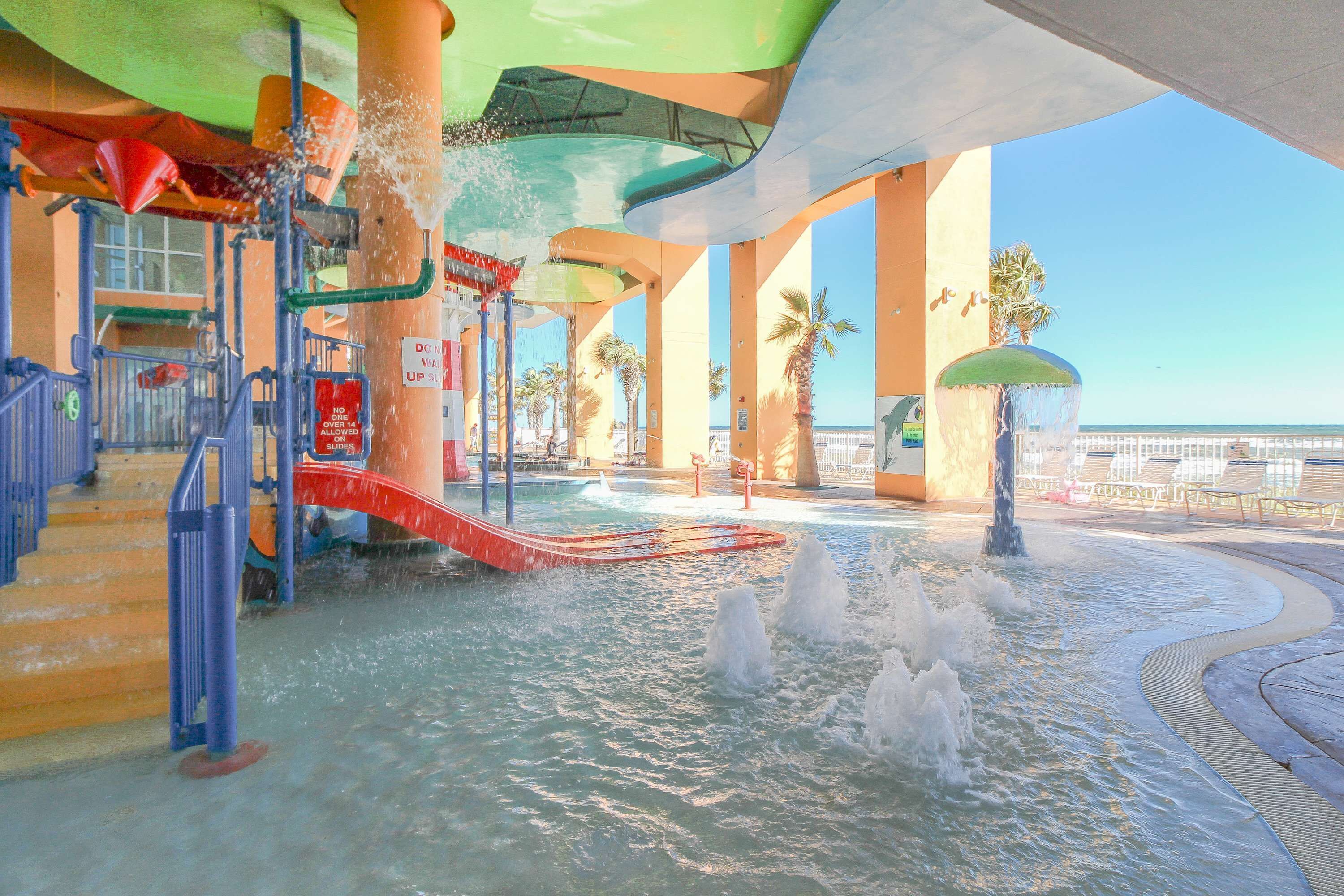 A water park with slides, a pool, and palm trees.