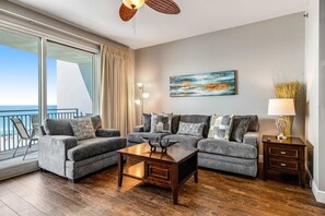 TV, offices - Gulf-front condo with seasonal beach service, pool, hot tub & gym (Panama City Beach)