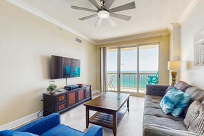 TV, DVD player - Sand-front condo with pool, hot tub, gym, scenic balcony, smart TVs, W/D, & AC (Panama City Beach)