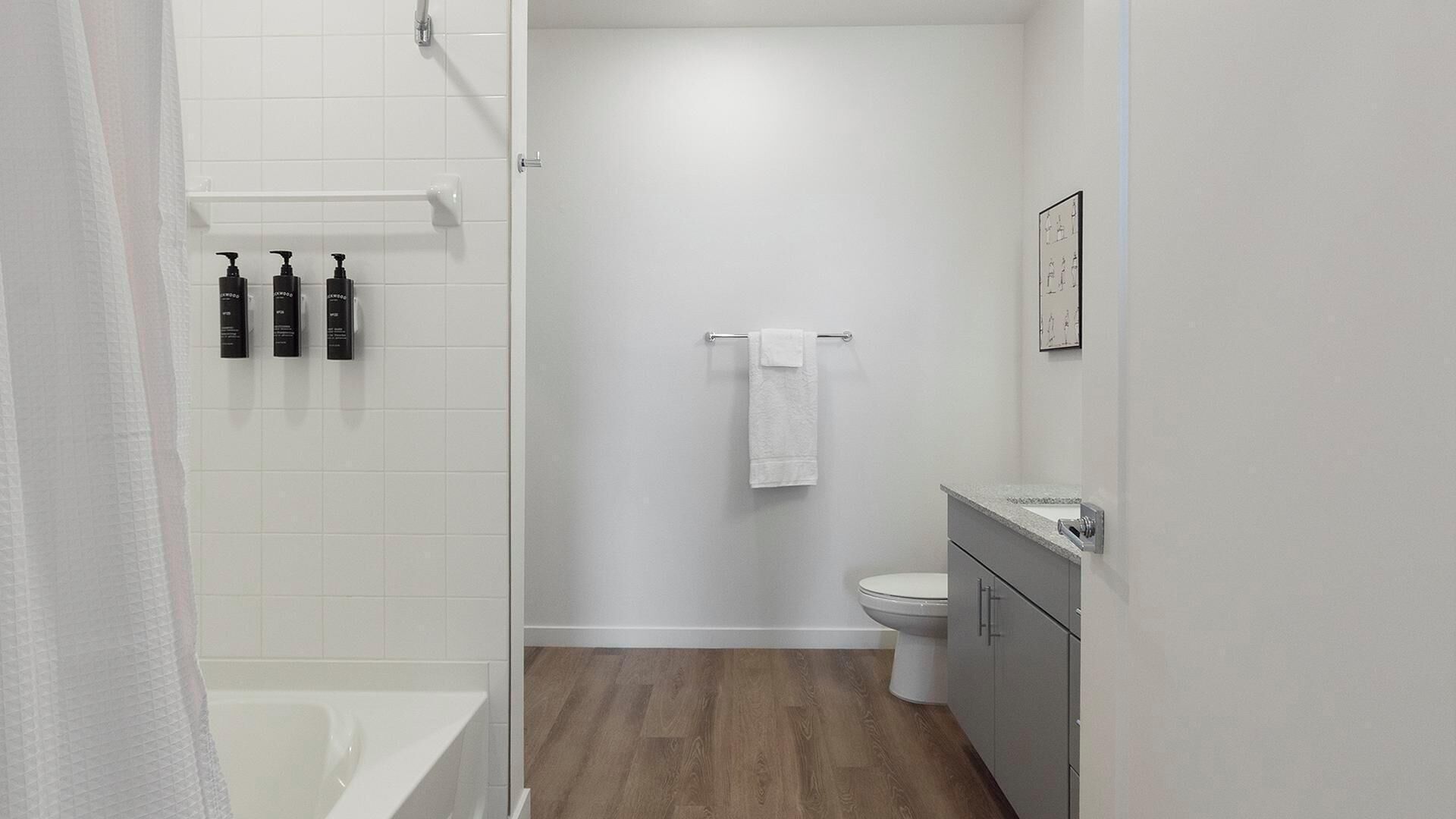 A modern bathroom with a shower, toilet, and sink.