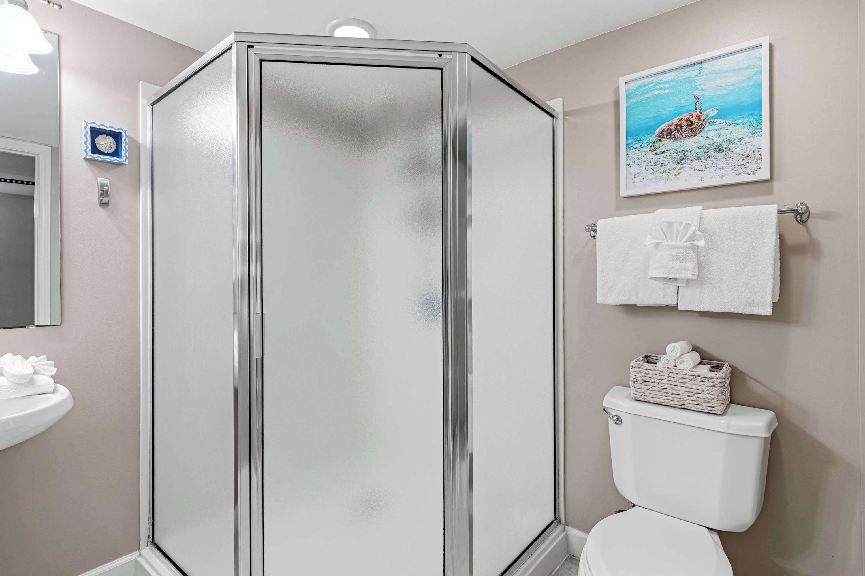 Een badkamer met een douche met glazen wand, een wit wastafelmeubel, een toilet met een mandje toiletartikelen, en een lijst met een foto van een zeeschildpad aan de muur.