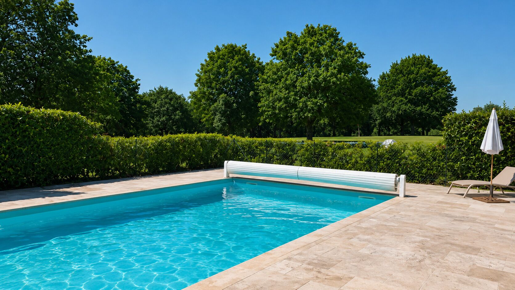 Une piscine rectangulaire à l’eau d’un bleu limpide, entourée d’une terrasse carrelée et d’une haie.