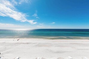 Ein Strand mit blauem Himmel und ruhigem Wasser.
