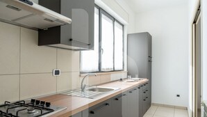 A modern kitchen with a gas stove, a sink, and a window.