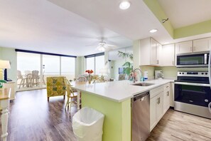 Fridge, microwave, oven, stovetop - Top-Floor, Gulf-Front Condo w/ Balcony, Beach Access & Shared Pools/Hot Tub/Gym (Perdido Key)
