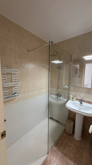 Hair dryer, towels, toilet paper