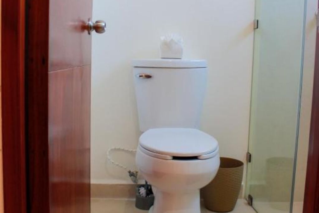 Une salle de bain avec des toilettes, une porte en bois et une cabine de douche en verre.