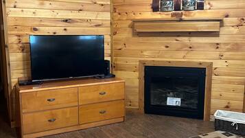 A wooden-paneled room with a flat-screen TV on a wooden cabinet, a fireplace, and a patterned rug.