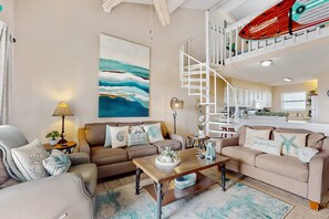 TV, offices - Waterfront condo with shared outdoor pool, furnished balcony, & beach access (Gulf Shores)
