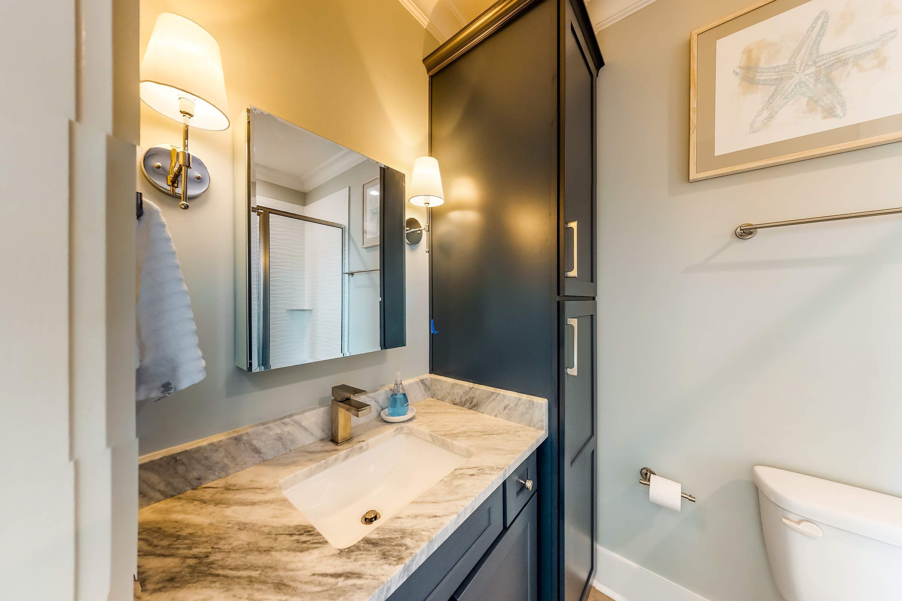 A bathroom with a marble sink, a towel hanging on the wall, a framed picture, and a toilet.