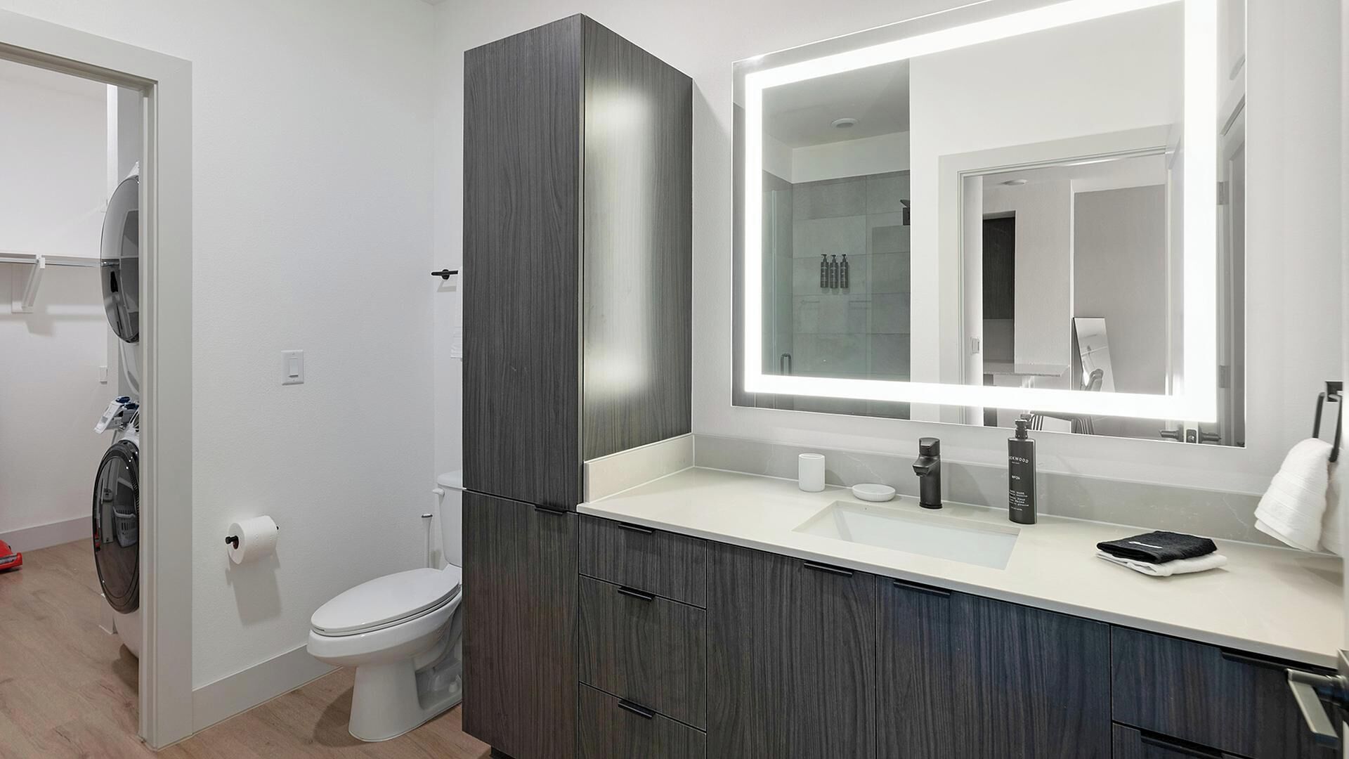 A modern bathroom with a toilet, a vanity with a mirror, and a shower area.