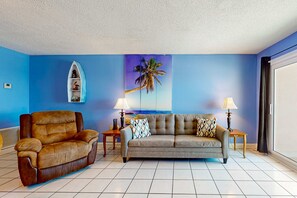 TV, offices - Clearwater condo with bunk room, pool, & balcony - walk to waves (Gulf Shores)