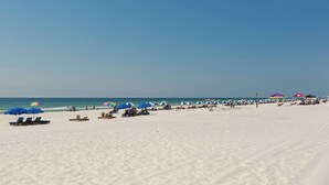 A beach with rows of sun loungers and umbrellas, a clear sky, and the ocean in the background. - Spacious, Gulf-front vacation home with covered deck & beach access (Gulf Shores)