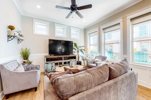 TV, DVD player - Coastal, group-friendly getaway with outdoor pool access and fishing pier (Gulf Shores)