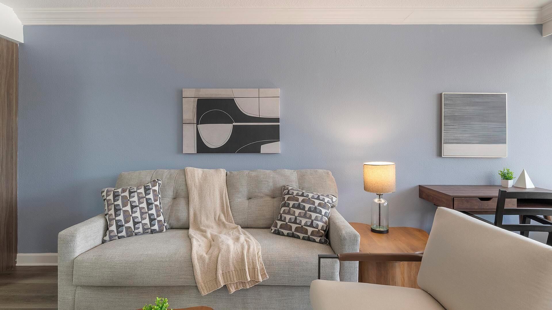 Un soggiorno con un divano grigio, cuscini decorati, una coperta, un tavolino con una lampada e un quadro astratto incorniciato appeso al muro.