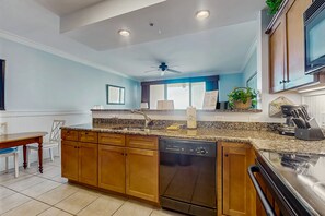 Fridge, microwave, oven, stovetop - Beachside Condo in Prime Location w/Free WiFi, Shared Pool & Hot Tub, Central AC (Fort Morgan)