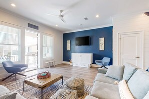 TV, offices - Coastal dog-friendly gem near beach & town with pool, balcony, & central AC (Gulf Shores)