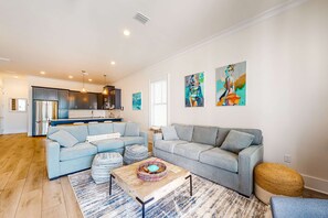 TV, offices - Coastal dog-friendly gem near beach & town with pool, balcony, & central AC (Gulf Shores)