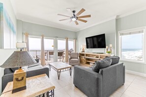 TV, offices - Gulf-front condo with balcony overlooking beach, pool, new furniture, & W&D (Gulf Shores)