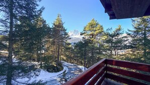 Una terraza de madera con vistas a un camino cubierto de nieve, altos pinos y una montaña al fondo.