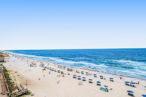 A beach with umbrellas, sun loungers, and a flag. - Gulf-Front, 12th-Floor Condo w Great View, Balcony, AC & Shared Pools Hot Tubs (Gulf Shores)
