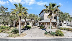 Un barrio residencial con palmeras, un camino pavimentado y casas con porches.