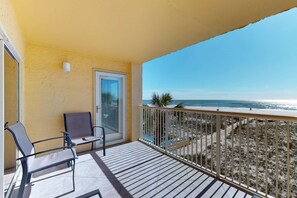 Terrace/patio - 2nd-floor beachfront condo with Gulf views, balcony, outdoor pool, W/D, elevator (Gulf Shores)
