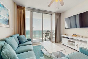 TV, offices - Bright beachfront condo w/ private balcony, zero-entry pool, gym, & hot tub (Gulf Shores)