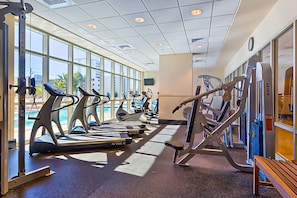A gym with treadmills, weight machines, and a bench. - Ocean-view condo w/skywalk to beach, indoor/outdoor pools, lazy river, WiFi, W/D (Gulf Shores)