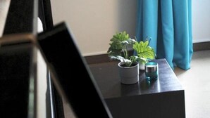 A modern room with a black side table, a potted plant, and a glass. - Koblenz Valley Hotel by Belvilla Double Room (Bendorf)