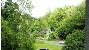 A driveway with parked cars leading to a house surrounded by lush greenery. - Koblenz Valley Hotel by Belvilla Double Room (Bendorf)