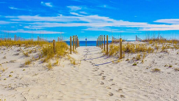 A sandy beach path leading to the sea with wooden posts, clear sky, and footprints. - Beach/Gulf-front condo with water views, on-site pool, & private balcony (Gulf Shores)