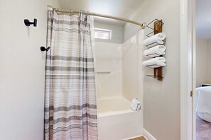 Shower, towels - Dog-friendly home with private pool, hot tub, & pickleball,basketball court (Gulf Shores)