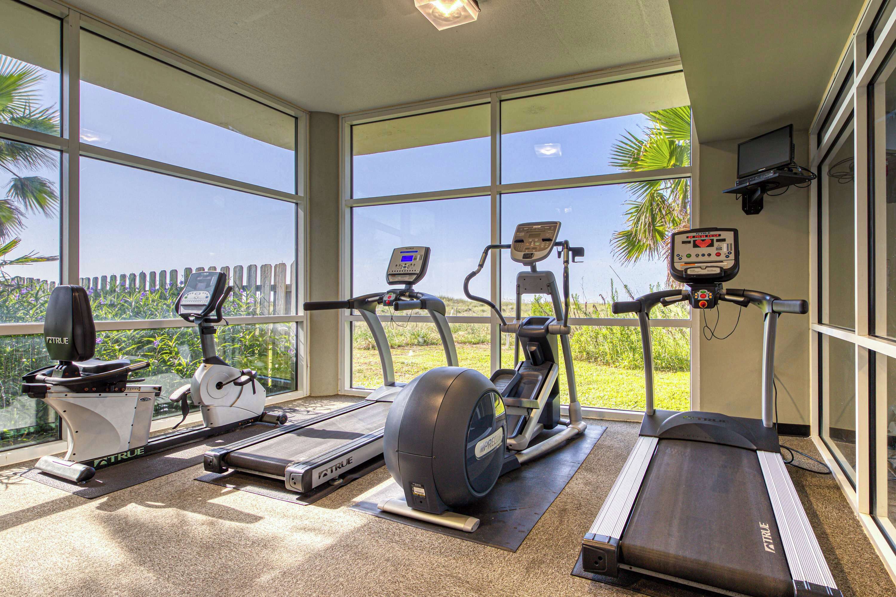 A gym with treadmills, an elliptical, and a stationary bike, large windows, and a view of greenery.