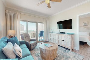 TV, offices - Beachview condo with shared indoor and outdoor pool, beach acces, and WIFI (Gulf Shores)