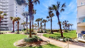 A pathway lined with palm trees, a grassy area, and a building with balconies. - Wonderful home in beachfront complex with pool, WiFi & central AC (Orange Beach)