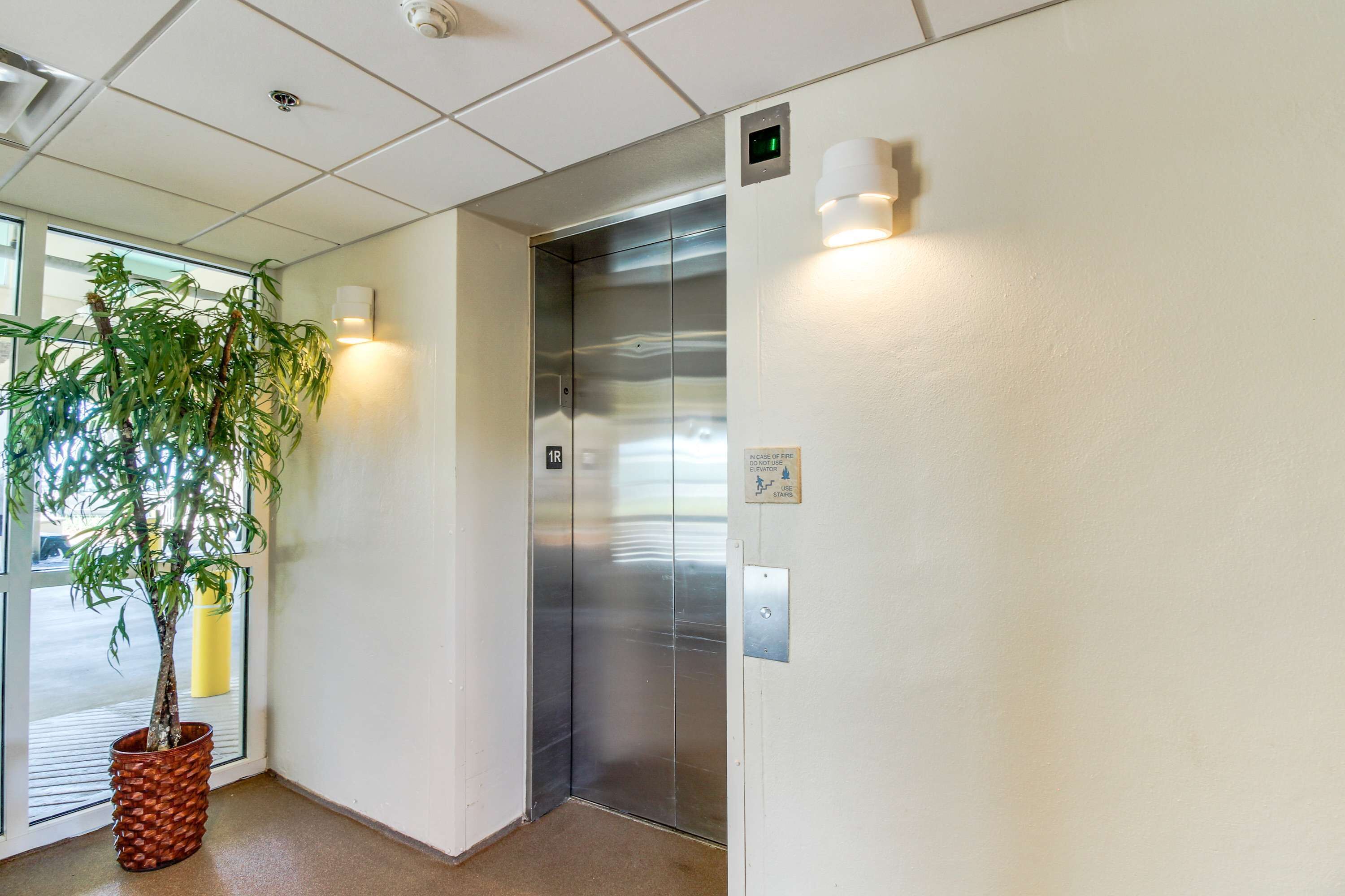An elevator with a metallic finish, a potted plant, and a wall-mounted light fixture.