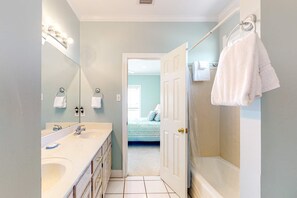 Shower, hair dryer, towels - Fantastic beachfront home with full kitchen, central AC, & washer,dryer (Dauphin Island)