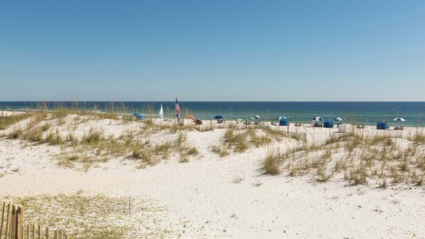 A beach with sand dunes, beach umbrellas, and a flag. - Condo with partial Gulf views, shared outdoor pool, sun deck & private beach access (Orange Beach)